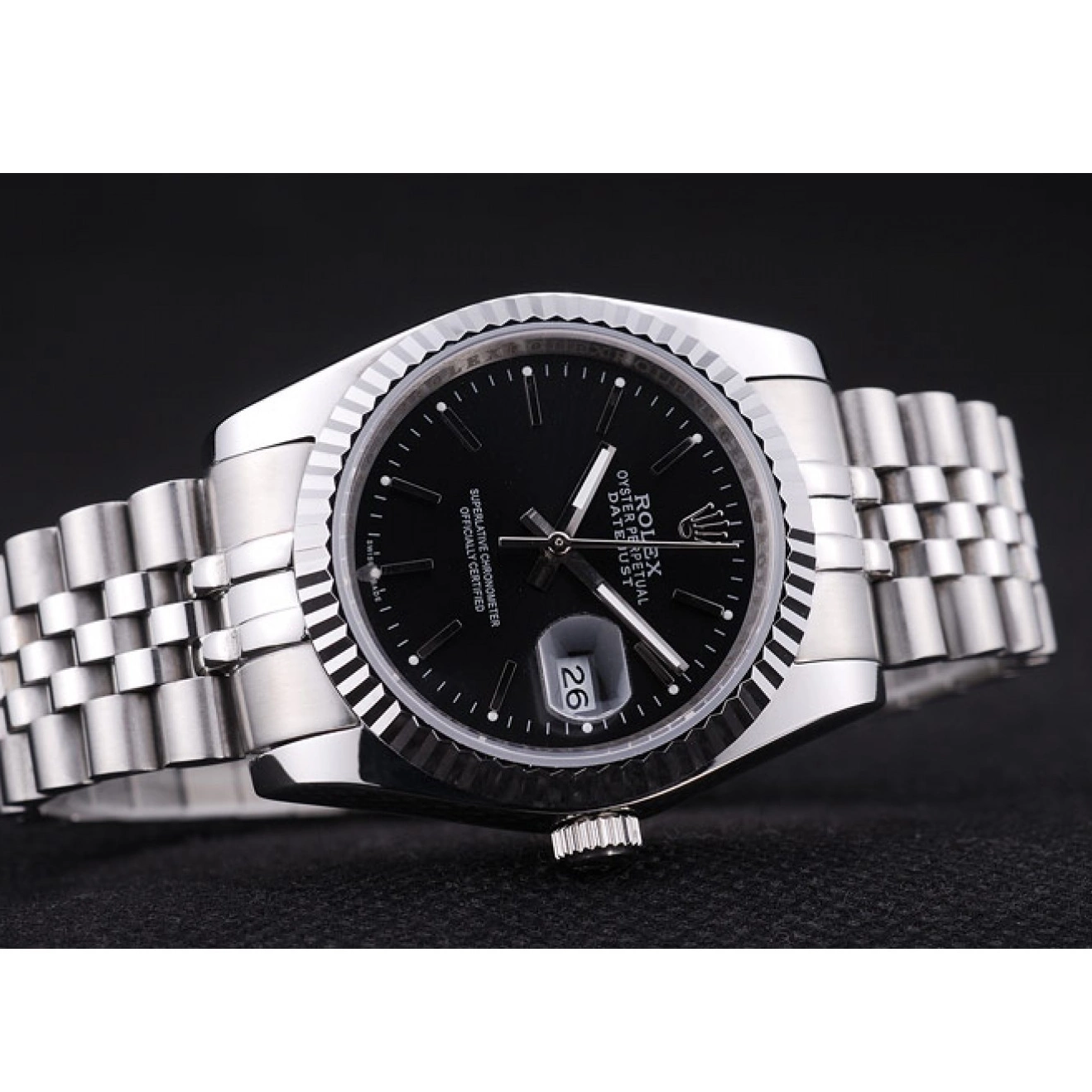 Aaa replica Ribbed Diamonds Datejust Black 7456 Dial Rolex Bezel 0803